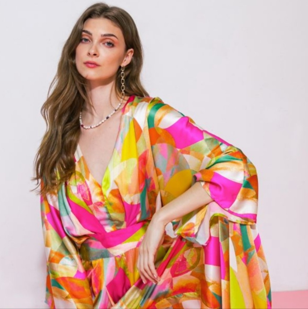 Flying Tomato Pink and Yellow Abstract Jumpsuit
